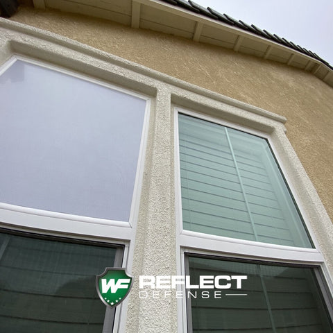 Example of Reflect Defense on a window protecting against turf melting and a low e glass without Reflect Defense