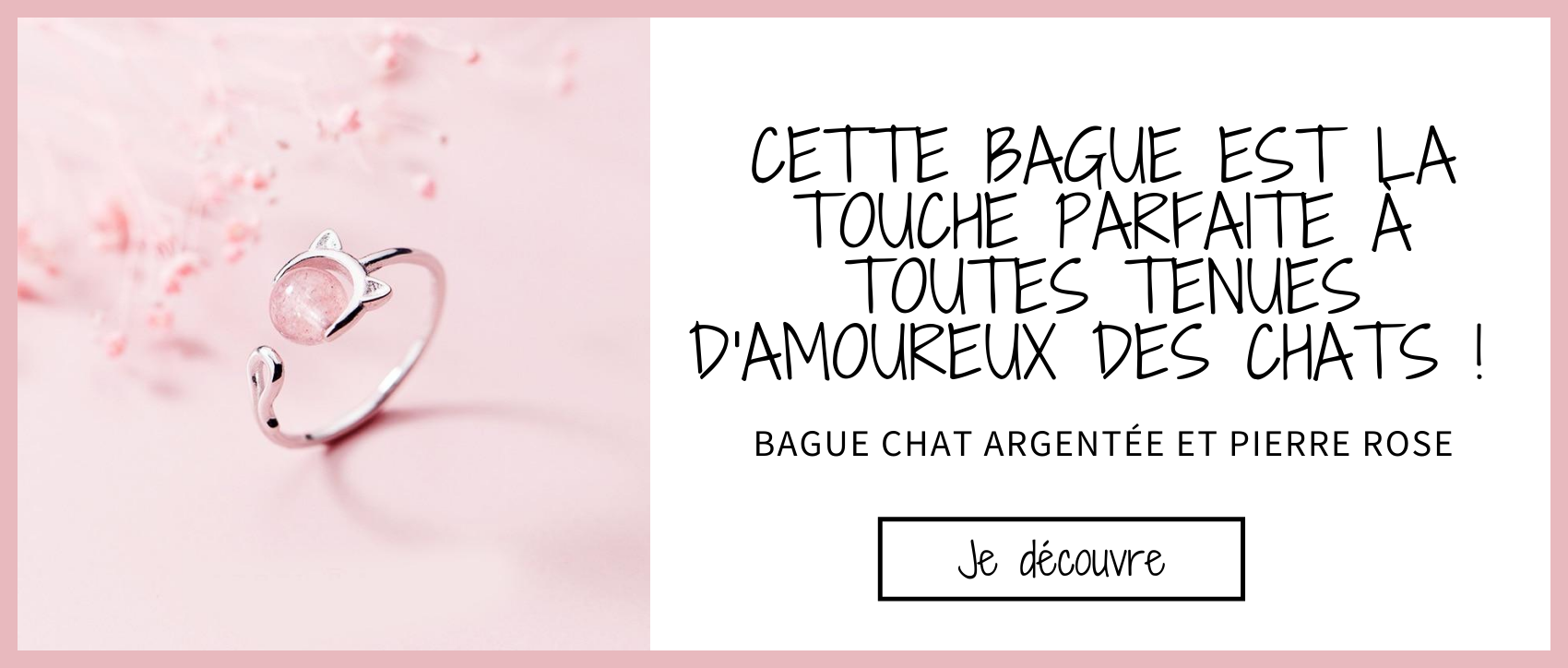 Bannière bague chat argentée et pierre rose