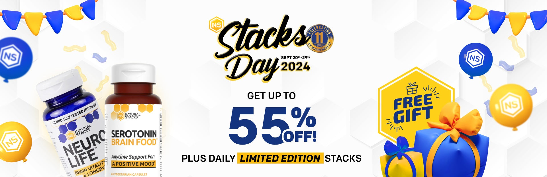 'Natural Stacks Day 2024 promotion: up to 55% off, daily limited edition stacks, free gift included.'