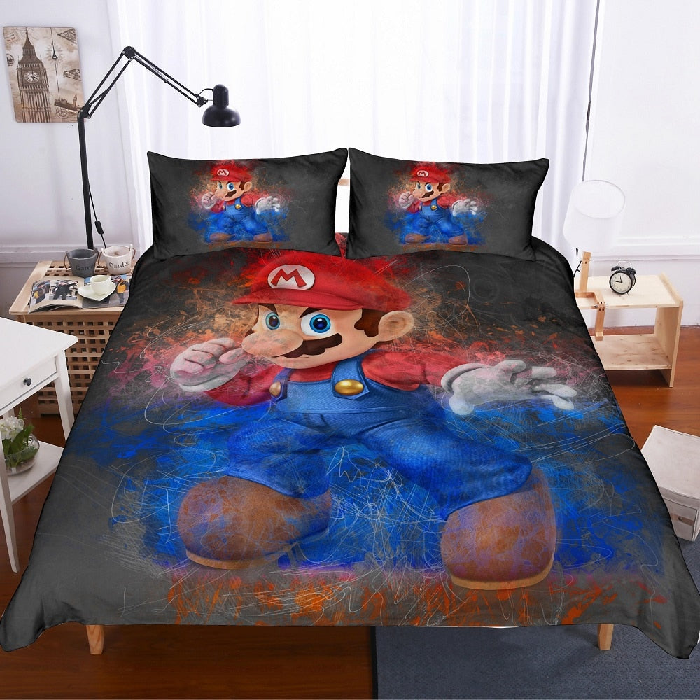 Red Blue Flame Mario Bedding Set Cartoon Game Character Bed Linen