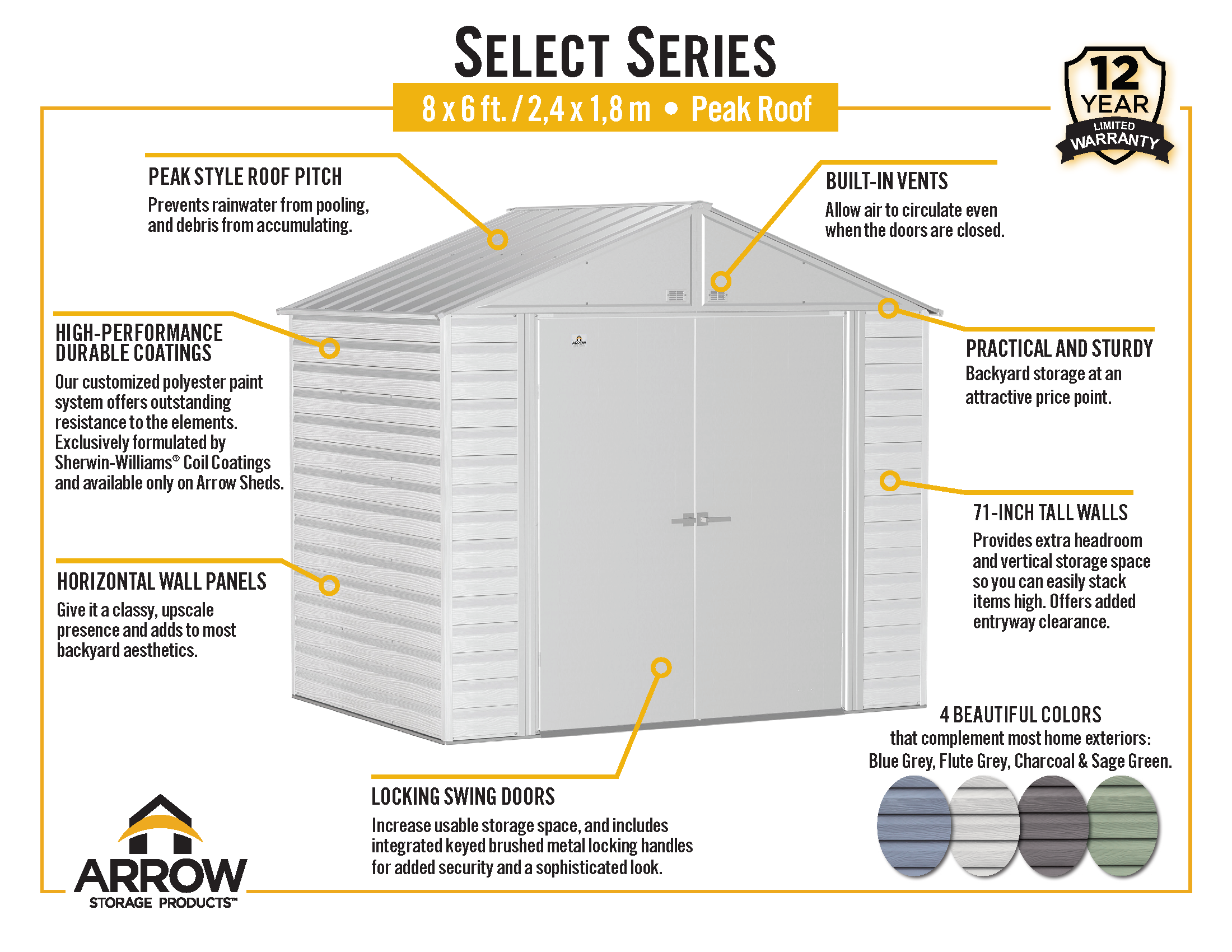 Arrow Select Steel Storage Shed, 8x6