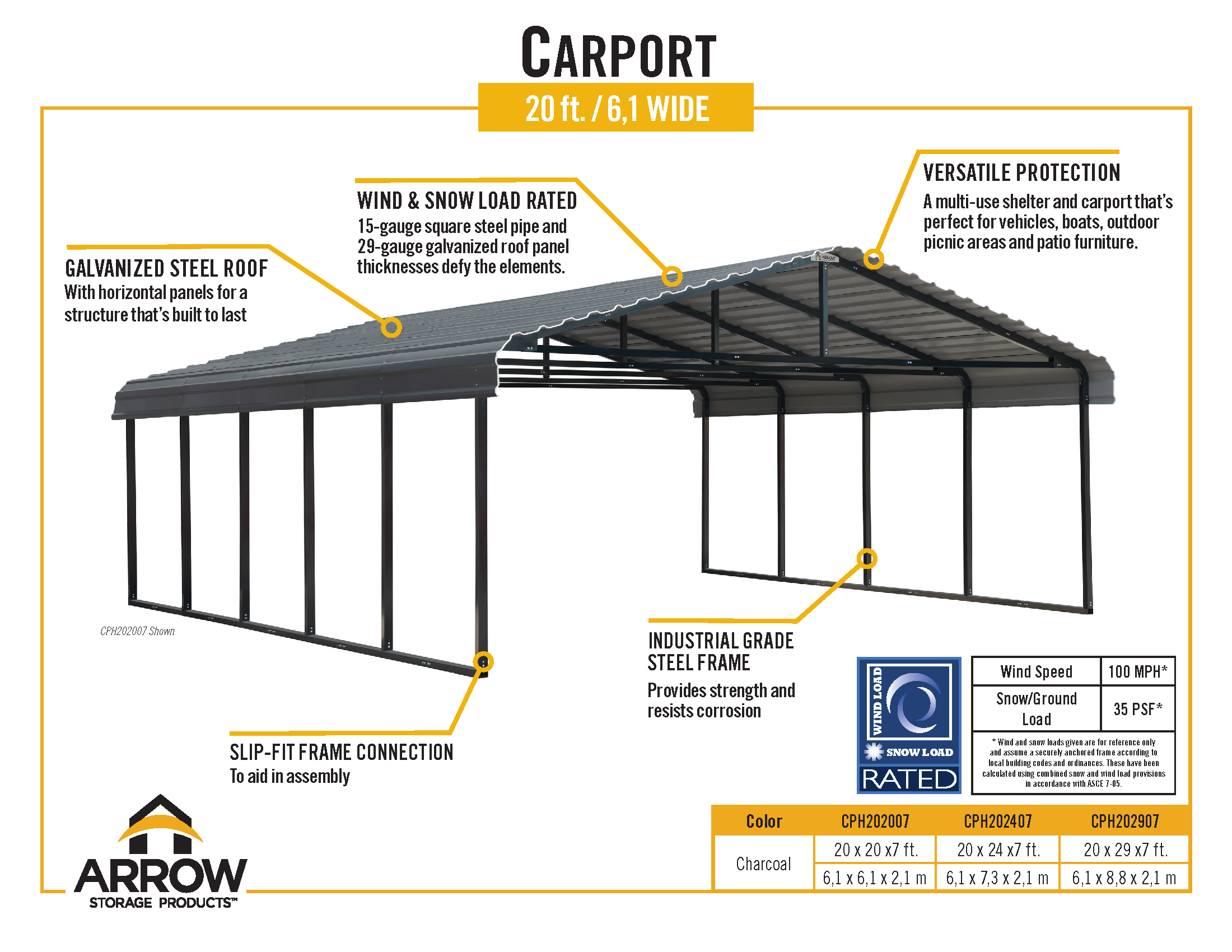 Arrow Carport 20 x 20 - Charcoal