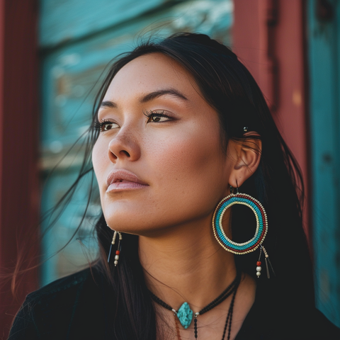 BEADED HOOP EARRINGS TURQUOISE NATIVE AMERICAN WOMAN