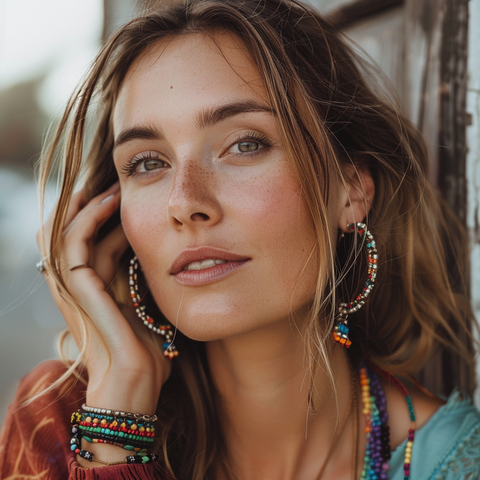 BEADED HOOP EARRINGS BOHO STYLE WOMAN