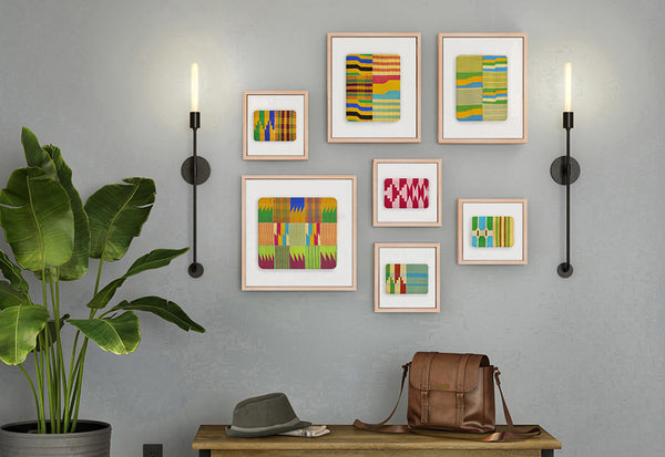 African wall art Hand woven Kente cloth from Ghana decorating the wall of a house