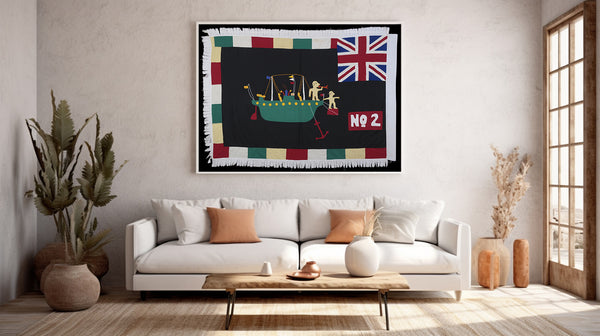 Asafo flag from Ghana decorating a sitting room African wall art