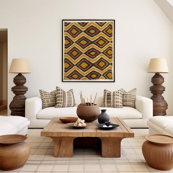 Kuba cloth African wall Art decorating a sitting room.