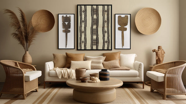 African wall art Tuareg wooden posts and Kassa cloth from Mali decorating the wall of a sitting room.
