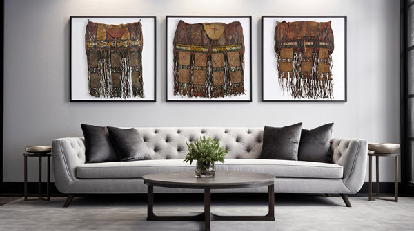African wall art Tuareg leather camel bags decorating a wall of a sitting room