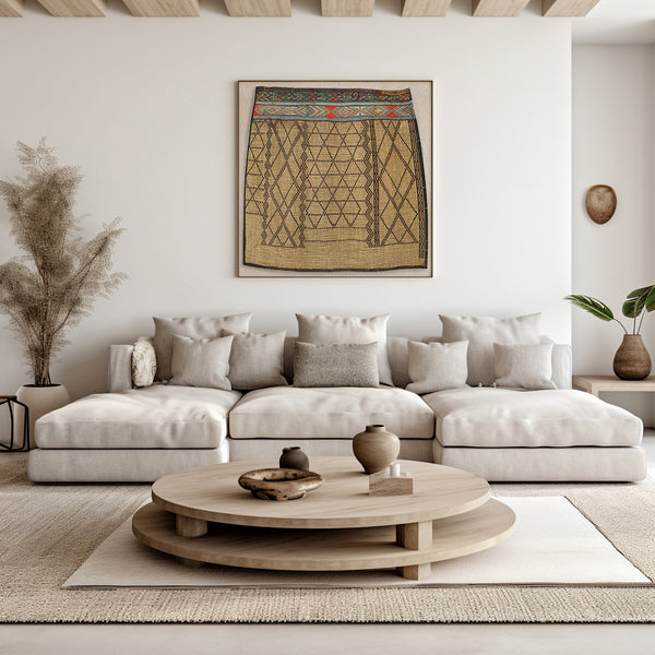 Sitting room decorated with African Tuareg straw mat wall decor Art