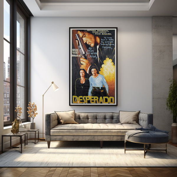 Ghana movie poster hand painted decorating a wall of a sitting room with natural lighting.