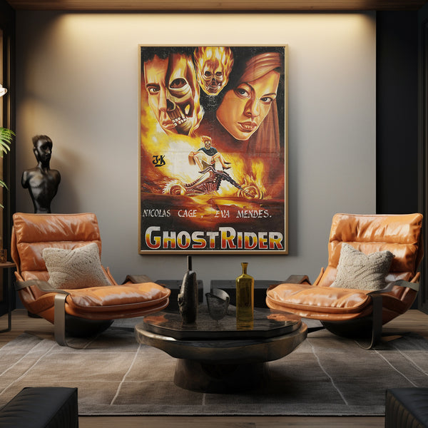 African wall art Ghana movie posters hand painted, decorating a sitting room using artificial lighting.