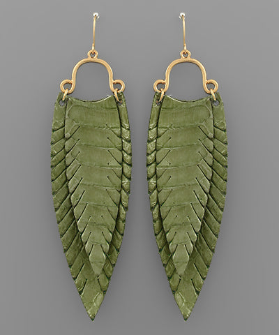 Olive Leather Feather Earrings