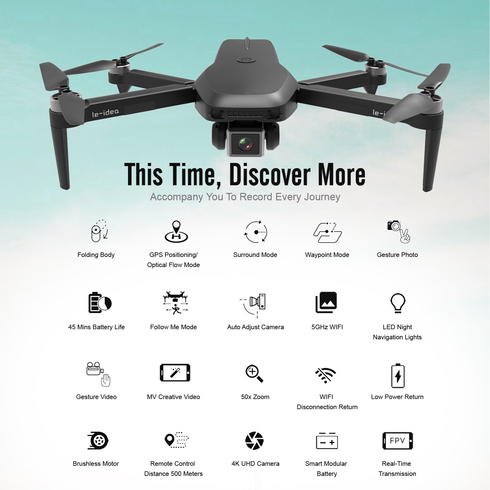 le-idea IDEA23 Drone GPS Pliable avec Caméra 4K pour Adulte/Débutants,  Quadricoptère RC Professionnelle 5GHz WiFi FPV, Mode sans Tête, Follow me,  2 Batteries Visiter la boutique le-idea - Monrespro RDC