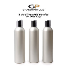 Load image into Gallery viewer, 6 SILVER 8 Oz Soap/Shampoo/Conditioner 240ml MODERN PET Cosmo Bullet Plastic Bottles w/ White, Black, Gold or Silver Disc Cap Dispenser