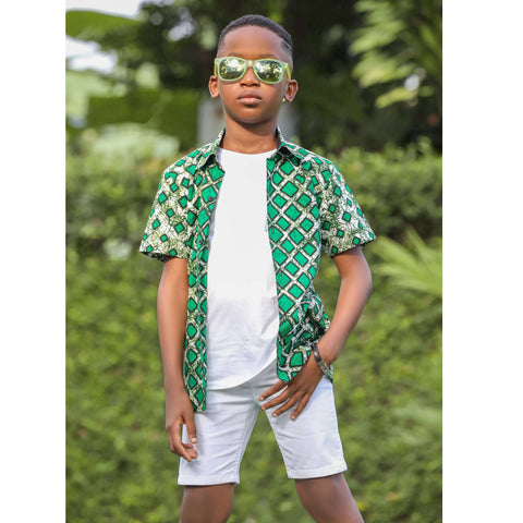 Boys Green Short Sleeve Ankara shirt