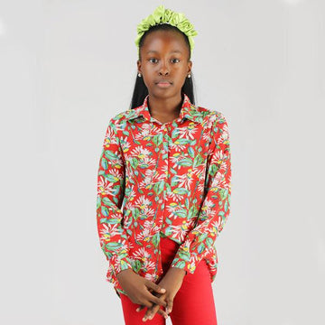 GIRLS RED FLORAL CHIFFON SHIRT