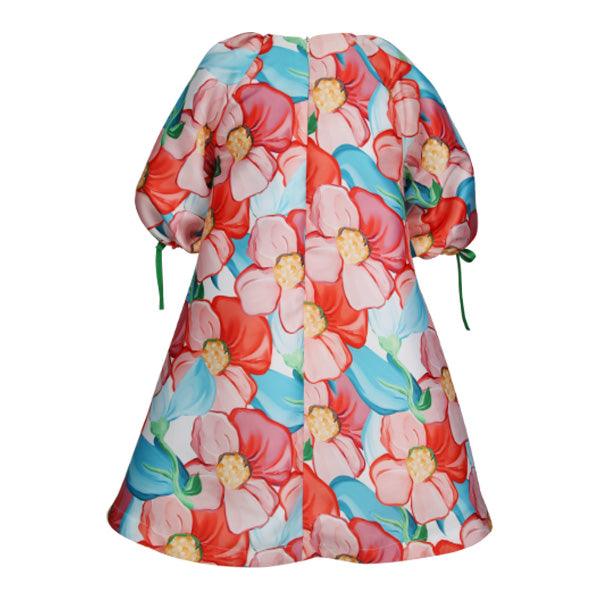 GIRLS MULTICOLOR FLORAL DRESS WITH RED NECK TIE
