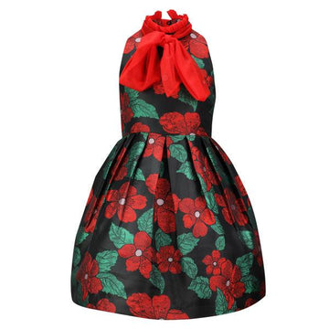 GIRLS MULTICOLOR FLORAL DRESS WITH RED NECK TIE