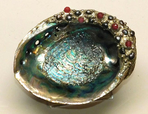 Black pearl and ruby encrusted abalone shell by Waterhawk Creations