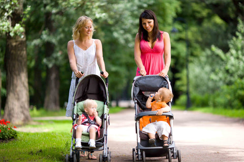 women walking in the park while pushing strollers