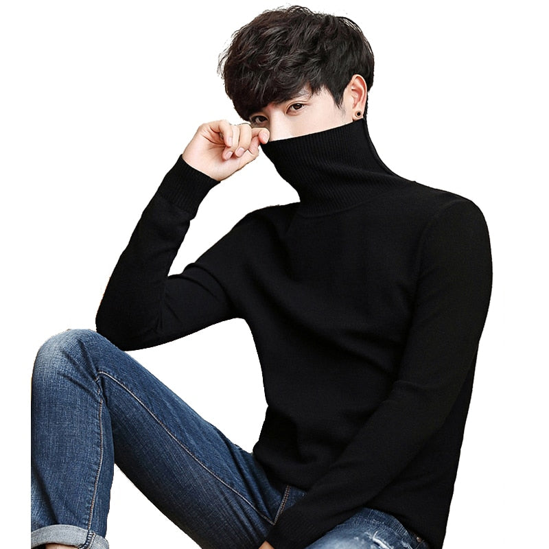 Black Turtleneck Men Knitted Sweater Classic Solid Color Casual Elasti –  Child Chariot