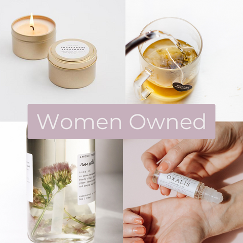 Images of candle, rose tea, rose petal oil and aromatherapy rollon highlighting women owned businesses