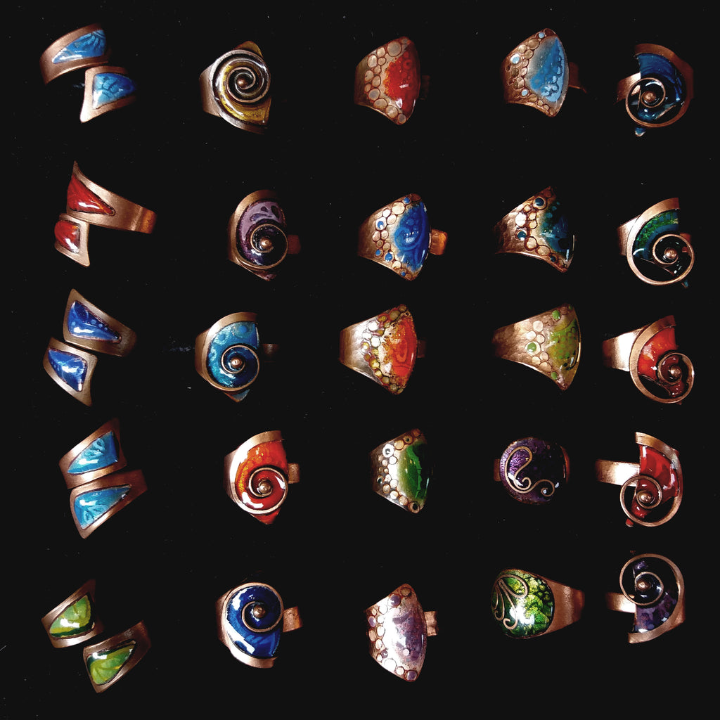 unique shape handmade enamel on copper adjustable size rings in Intuita Shop