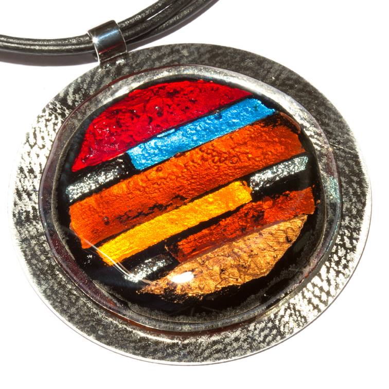 red, orange and blue fused glass statement pendant in Intuita
