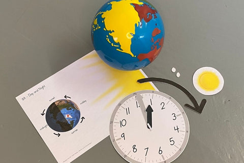 Time Zone Presentation: 2.d - Day & Night: Appearance & Reality (there is a chart, 9A, that shows a part of the sun on the right and the Earth smaller on the left. The Earth has a coloured ellipse where the sunlight hits it straight-on, and anti-clockwise arrows around it. The far side is darker to show nighttime, and each part of the day is labelled: midday, dusk, midnight, dawn. On the right, there is a cardboard clock, a big arrow, a little sun and two pieces of sticky tack as well as a Montessori continent globe.)