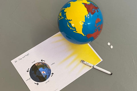 Time Zone Presentation: 2.e - Day and Night: Parts of the Day (There is Chart 9A, showing the sun big on the right and the Earth smaller on the left. Earth is marked with a coloured ellipse where the sunlight hits it straight-on, and arrows going anti-clockwise. The parts of the day are labelled: midday, dusk, midnight, dawn. There is a torch and two pieces of sticky tack on the right, and the Montessori Continent Globe at the top.)