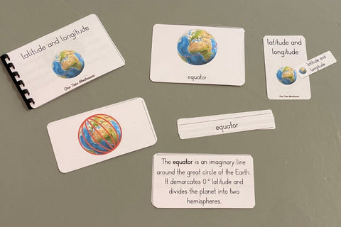 Time Zone Presentation: 3.b - Latitude & Longitude Cards (the picture shows a set of Montessori matching cards, with a control booklet, picture cards, text cards, labels and a title card.)