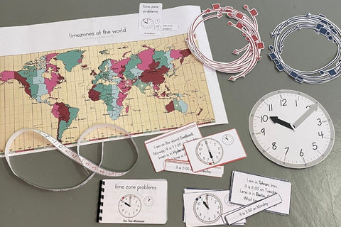 Time Zone Presentation: 3.f - Time Zone Problem Cards (There is a time zone chart on the left that is marked with various locations. At the bottom is a long strip with blue and red numbers, time zone problem cards and a manipulative clock. Top right there are circular arrows of varying length in red and blue.)