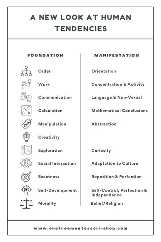 A list titled "A new look at human tendencies". On the left, under "Foundation" are listed the following (the items on the right, under "Manifestation", are listed in brackets): Order with a chart icon (Orientation), Work with two hands joining two puzzle pieces (Concentration & Activity), Communication with the ASL sign for sign language (Language & Non-verbal), Calculation with a game plan icon (circles and arrows) (Mathematical conclusions), Manipulation with a handmade-tag (Abstraction), Creativity with a brain inside a light bulb (nothing), Exploration with a map (Curiosity), Social Interaction with two hands supporting three people (Adaptation to Culture), Exactness with an arrow in the bulls eye (Repetition & Perfection), Self-Development with a hand holding up a weight (Self-control, Perfection & Independence), Morality with a scale (Belief).
