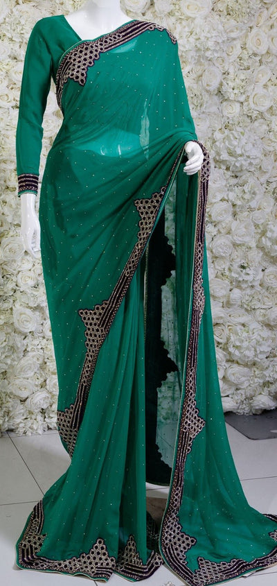 Eid Collection Plain Party Wear Silk Emerald Green Saree|SARV124444