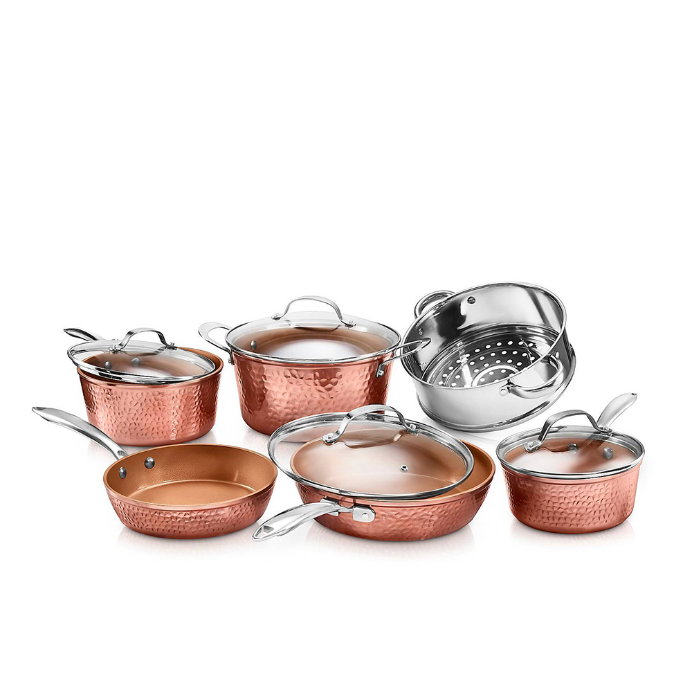 GOTHAM STEEL Copper Cast Cookware & Bakeware Ultra Nonstick Durable Coating  – Includes Fry, Stock Pots Baking Pans, 15 Piece Set, Brown