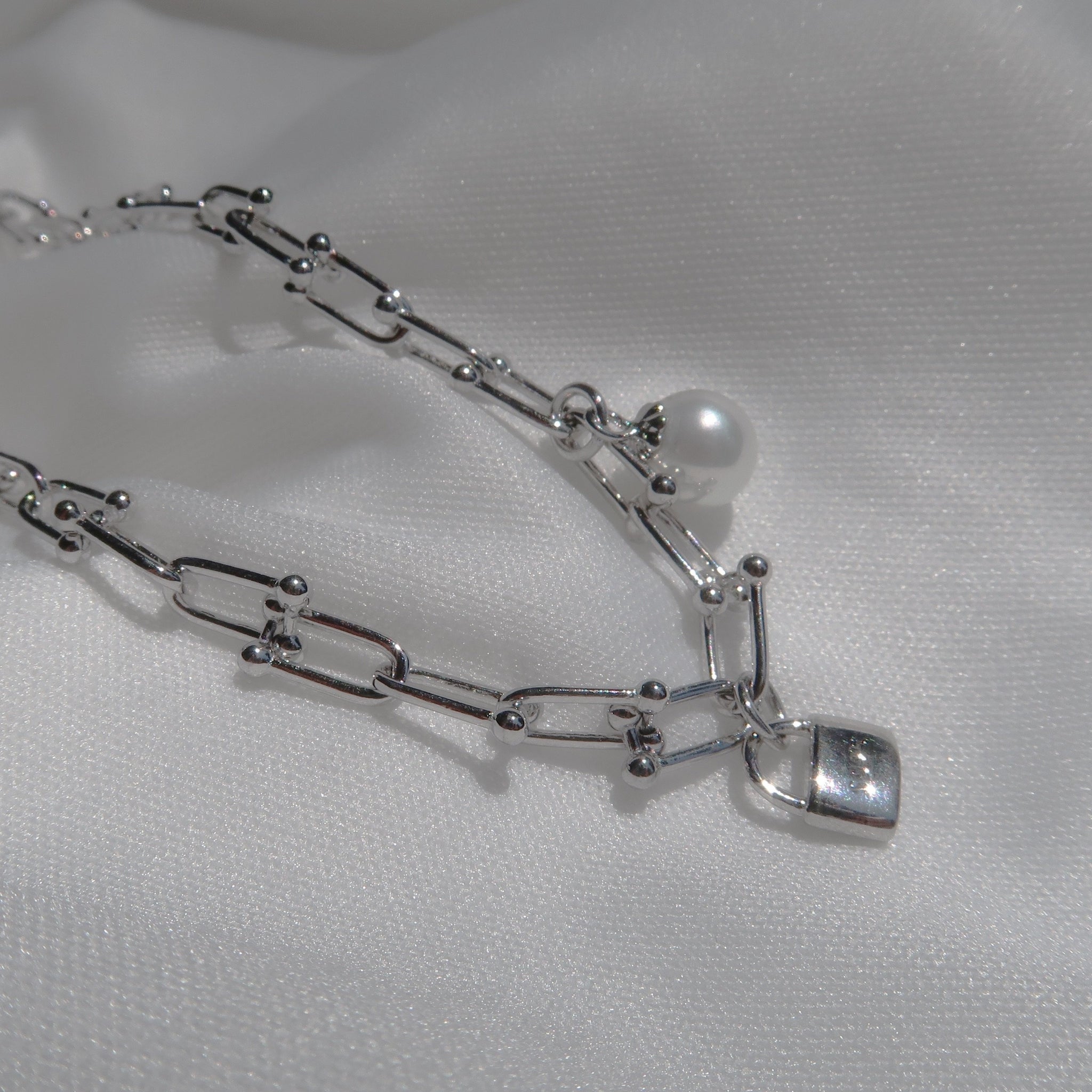 White gold over Sterling Silver padlock hardware link chain freshwater pearl necklace - TETODA