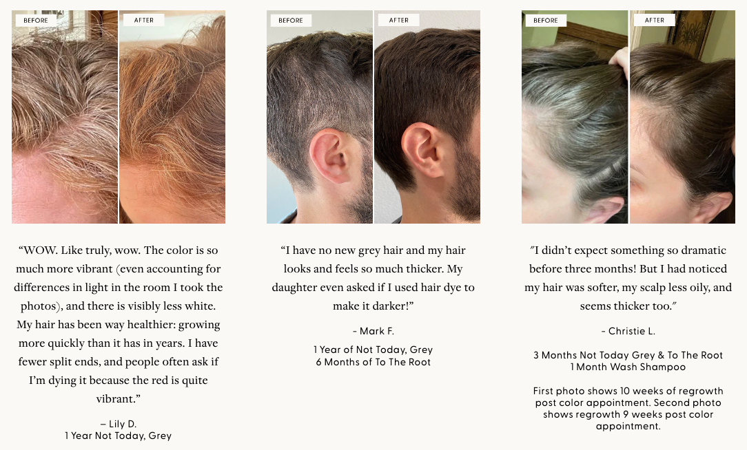 Images show natural grey hair reversal from using Arey anti-aging haircare