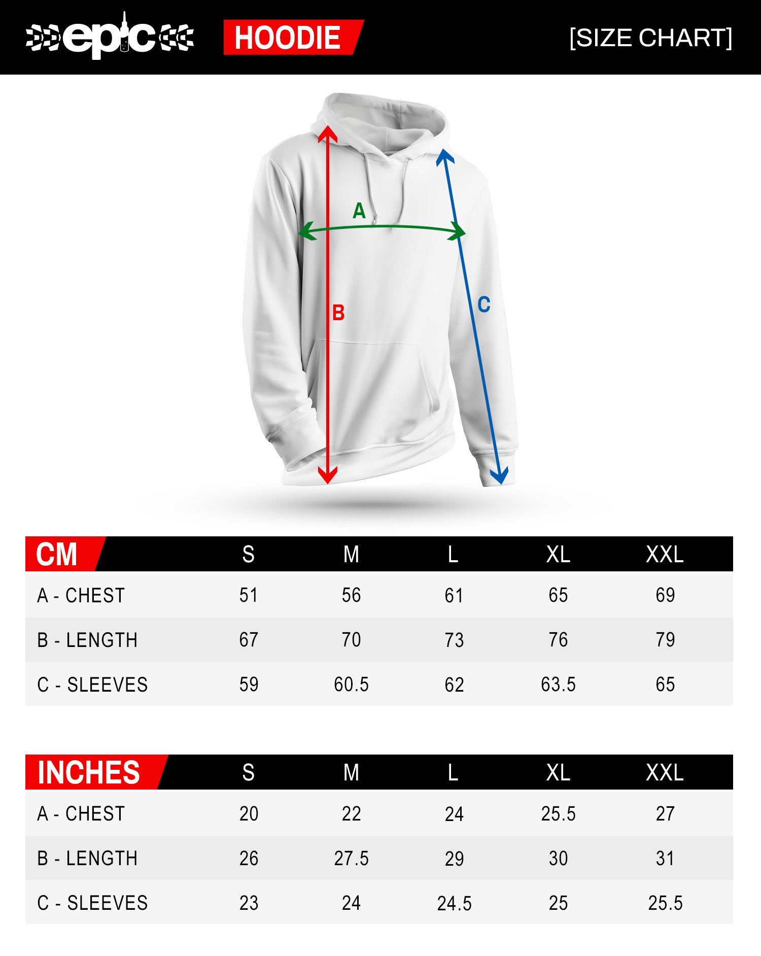 epic hoodie size chart