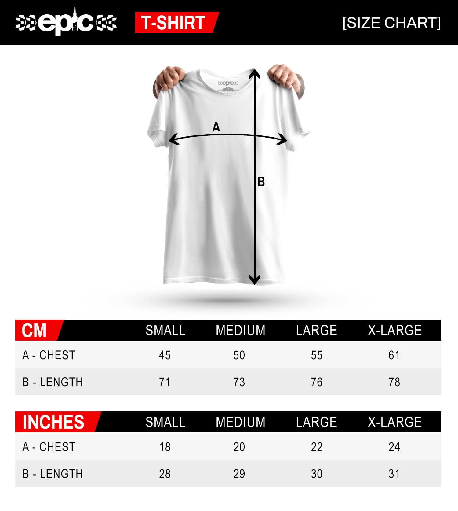epic t-shirt size chart in cm & inches