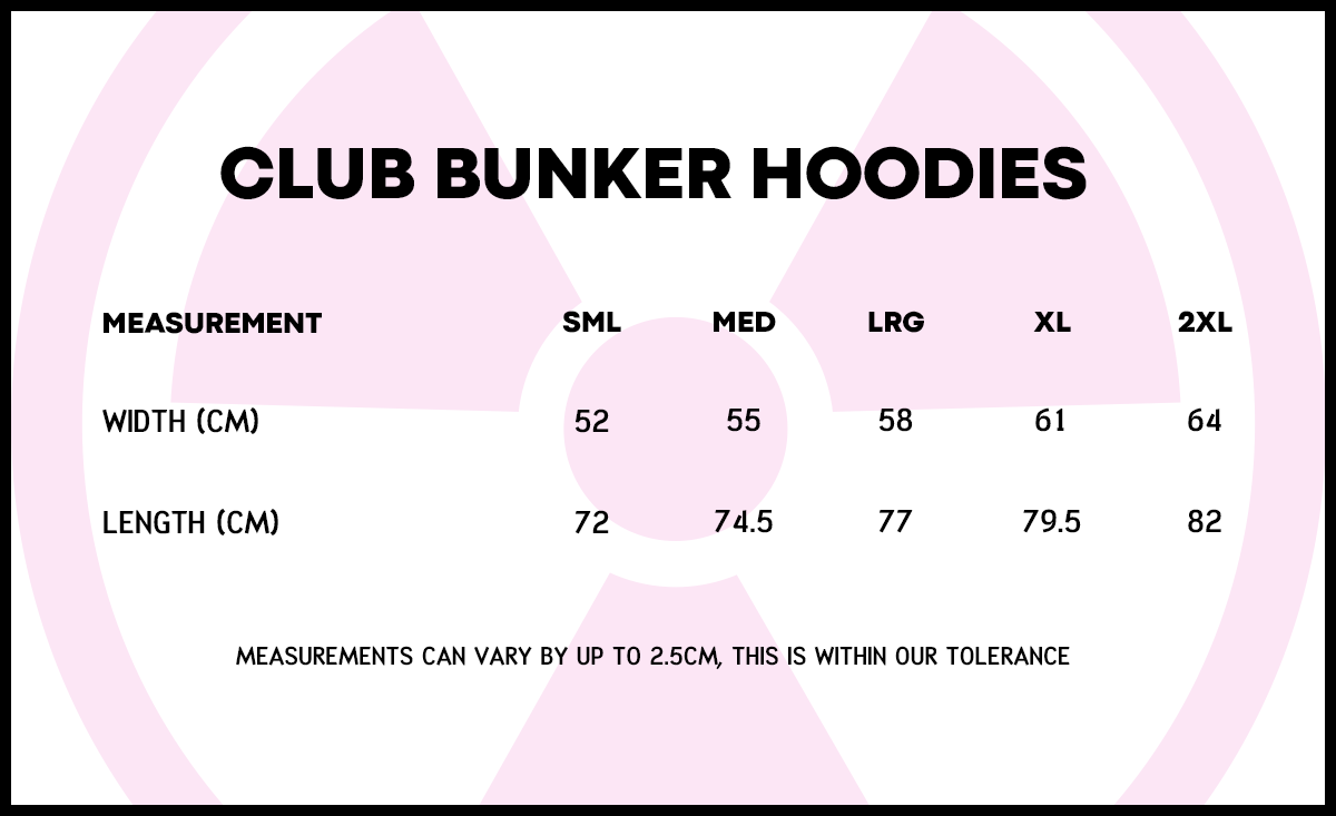 Club Bunker Hoodie Size Guide