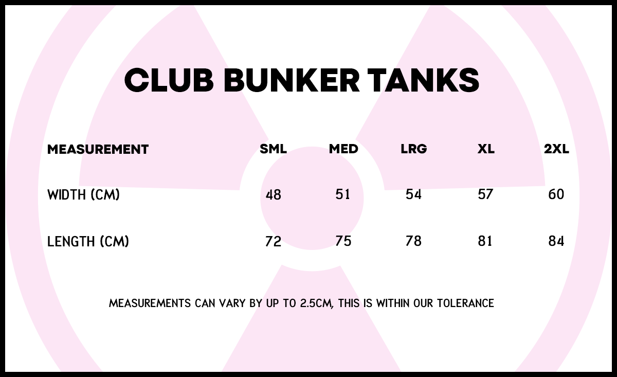 Club Bunker Tank Top Sleeveless Size Guide