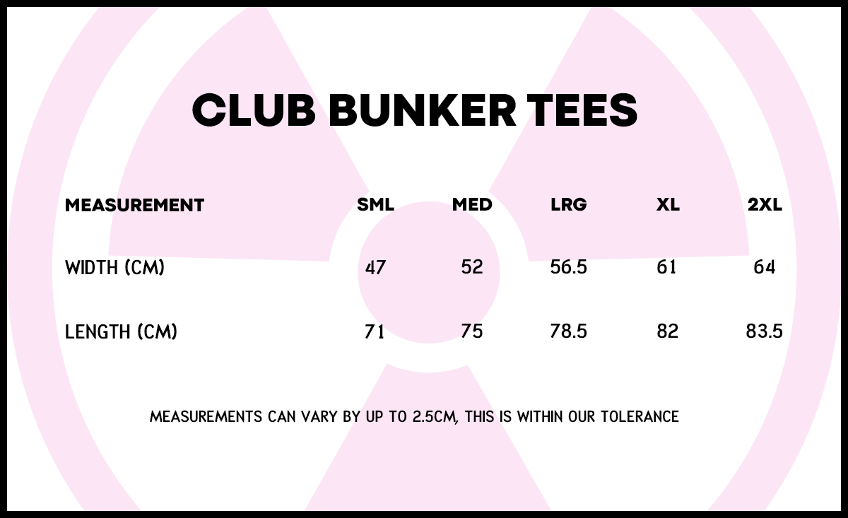 Club Bunker Tee T-Shirt Size Guide