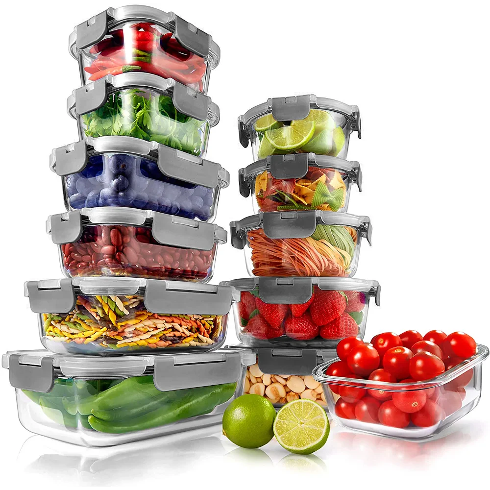 Nutrichef 24-Piece Superior Glass Food Storage Containers Set - Stackable Design BPA-free Locking lids (Gray) Glass Containers