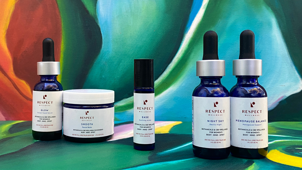 Respect Wellness Product line in front of colorful painting