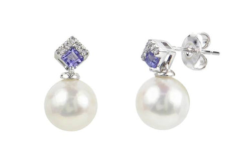 Pearl Earrings with Tanzanite and Diamonds