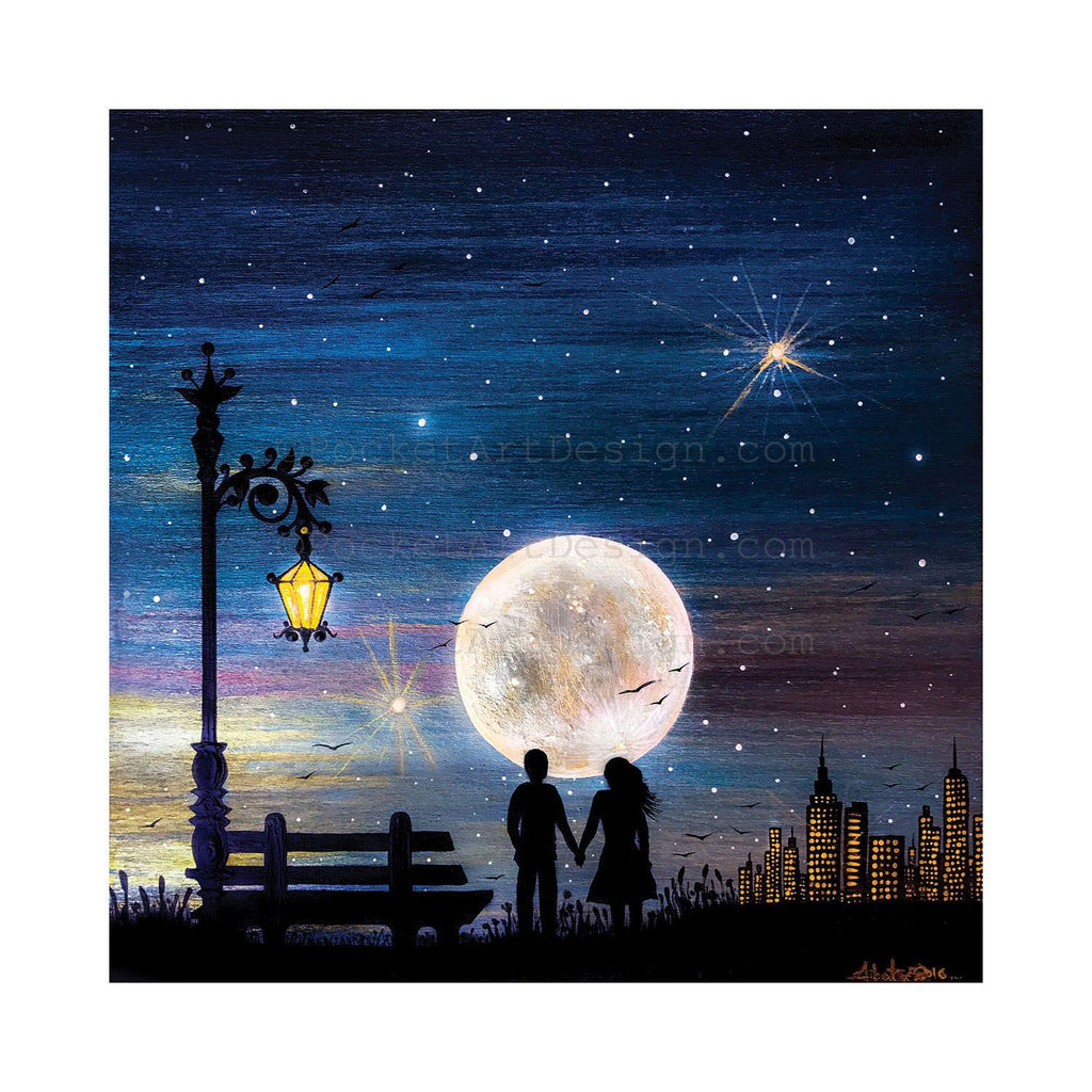 Romantic Night Full Moon Silhouette Original Miniature Art Print Pocket Art Design