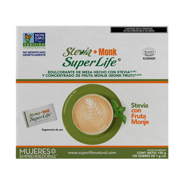 Super Life® Stevia + Monk sin azúcar sobres de 1g c/u, Presentaciones de 30, 90 y 150 sobres - Ecart