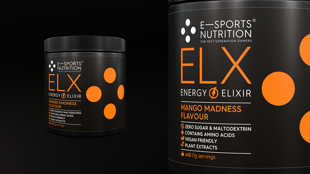 A black tub of E-Sports Nutrition ELX Energy Elixir Mango Madness flavour on a black background