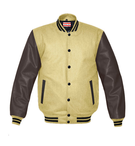 Men's Wool Brown Varsity Jacket with Black Leather Sleeves